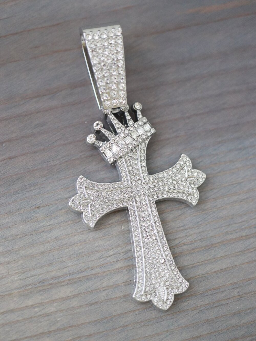 Cross with Crown Pendant with Rhinestones Ice Out Style Silver Plated